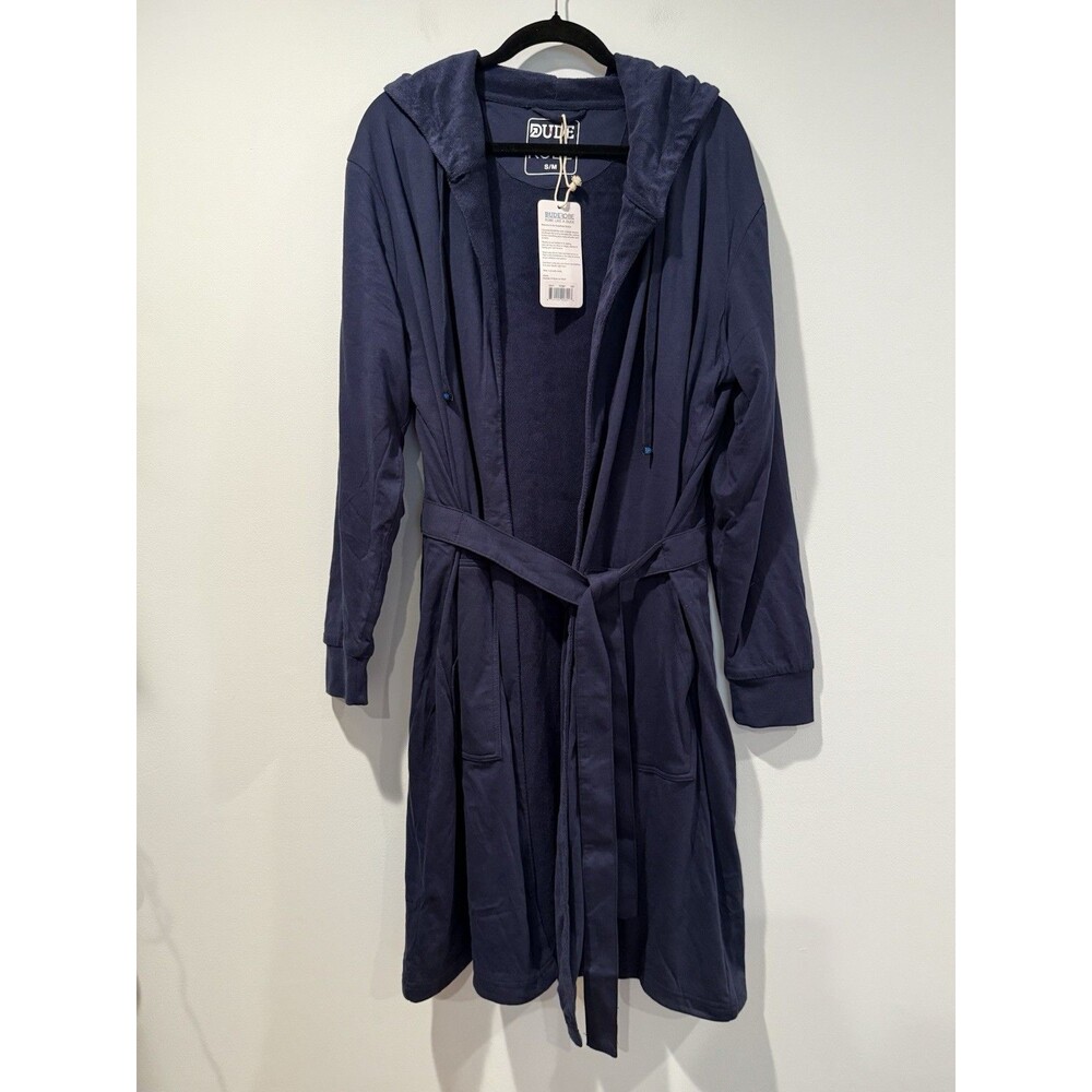 NEW Dude Robe Terry Hooded Robe Mens S/M Navy Shower Wrap Lounge Travel Cotton